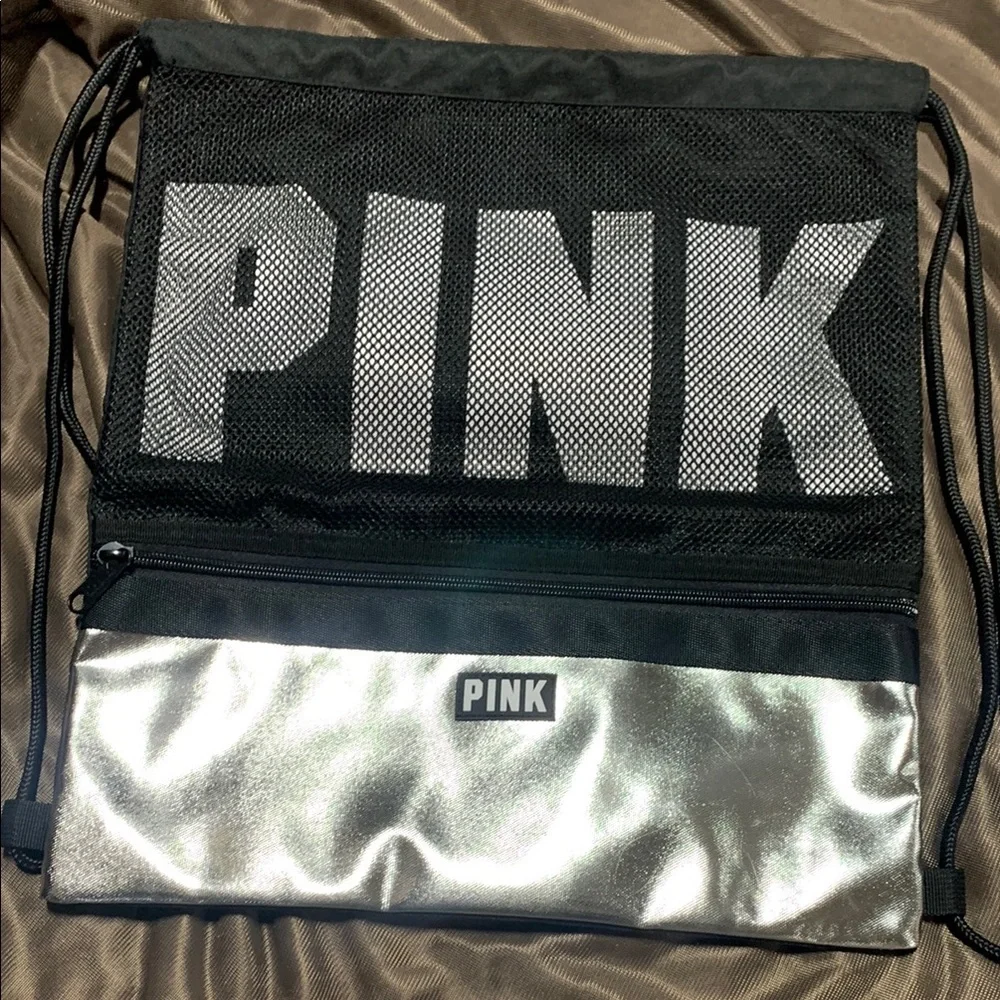 Pink Victoria's Secret - Drawstring‎ Backpack Black & Metallic Silver 5205